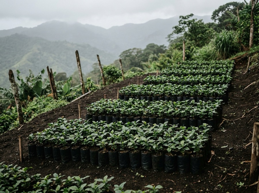 Semillero de plantas de café en suelo volcánico